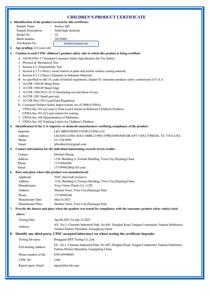 Redacted preview of U.S. Children’s Product Certificate